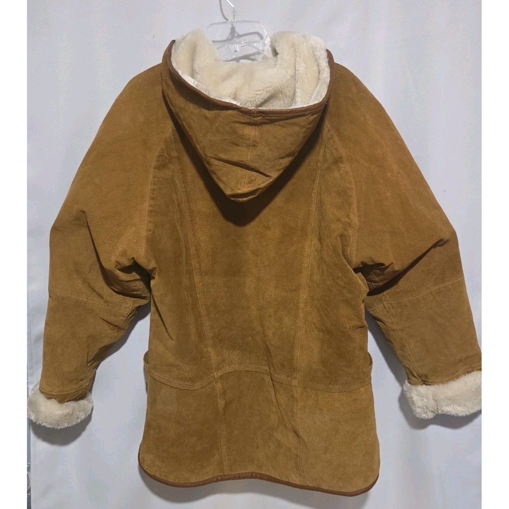 Vtg Leather & Faux Shearling Mid Length Oversized Reversible Hooded Coat Sz S - Picture 4 of 8